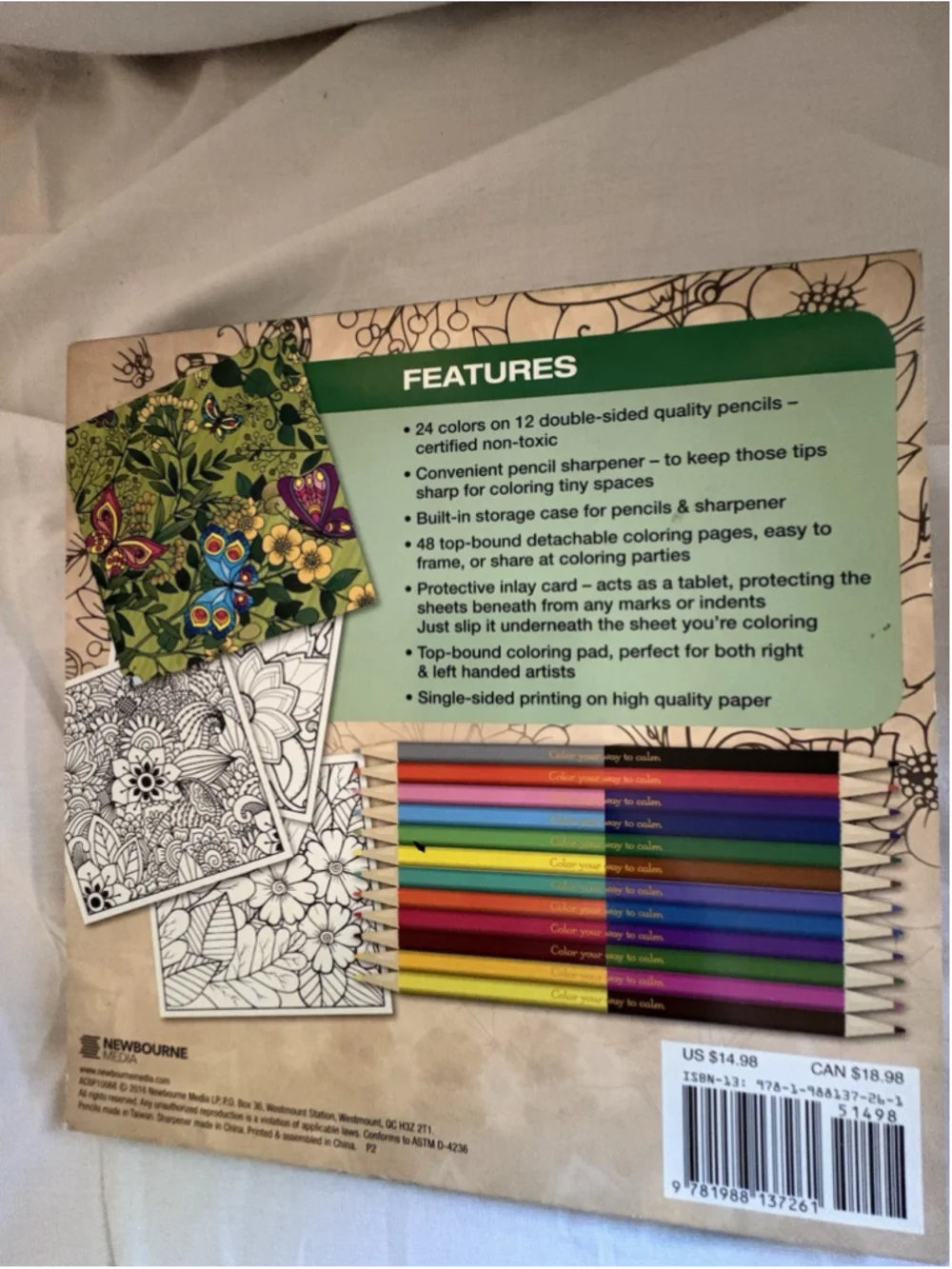 Botanical Garden Adult Color Book, Colored Pencils Sharpener Missing 1 Pencil